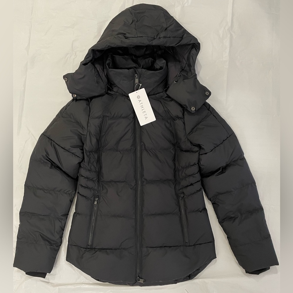 Athleta downtown puffer jacket, black, size S, certified down fill